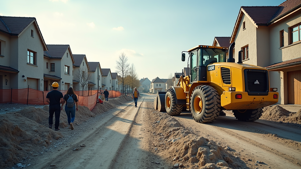Wide angle view of a residential construction site with workers and equipment