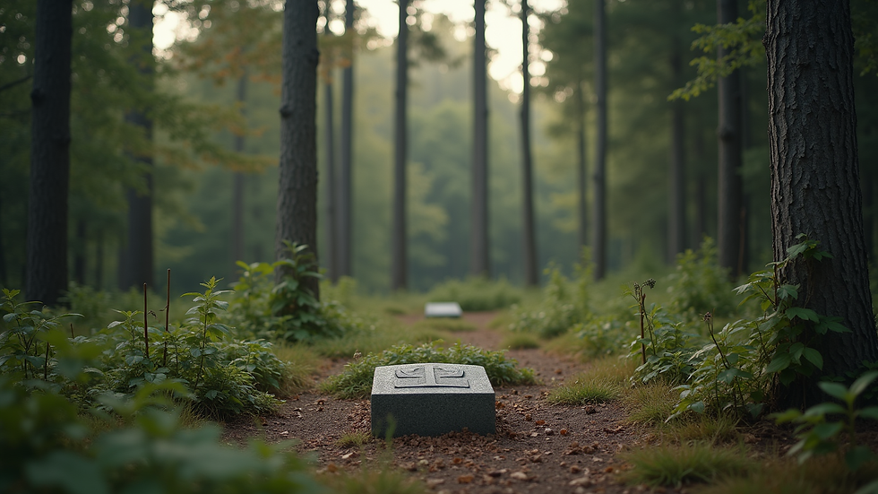 Wide angle view of a serene woodland burial site surrounded by trees