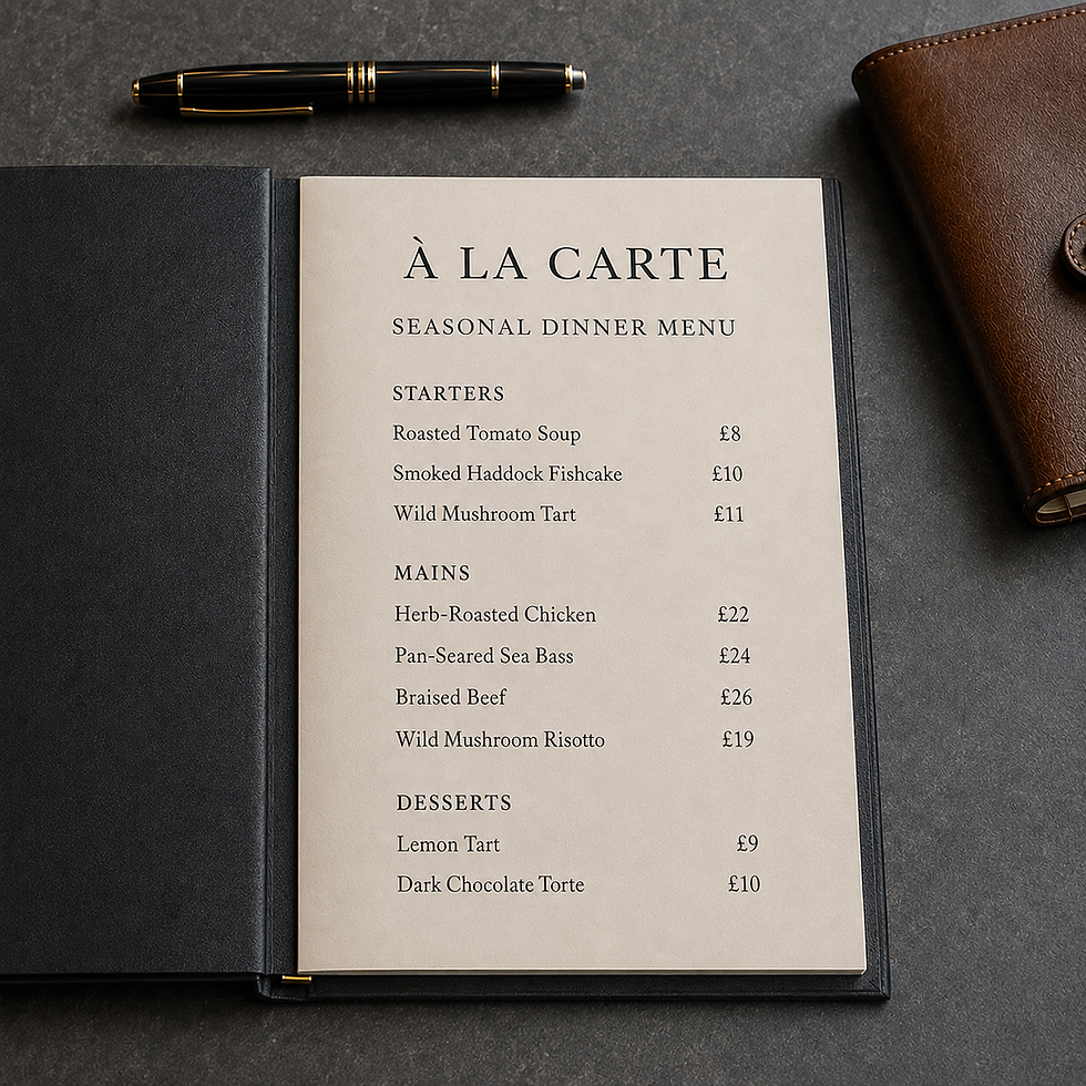 À la carte restaurant menu in a black folder on a table