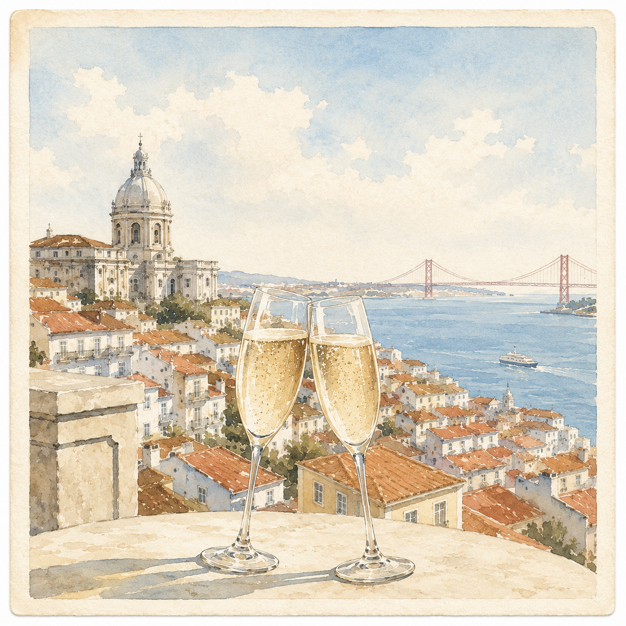 Brinde sem pressa em um miradouro de Lisboa