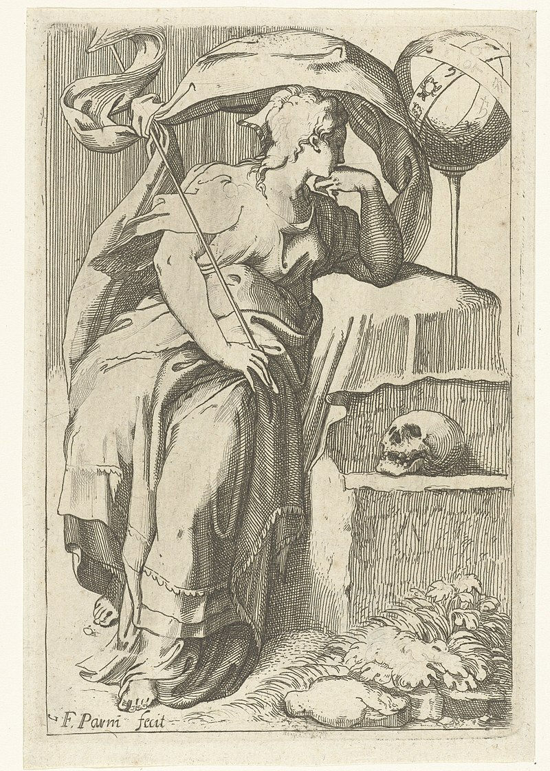 Une personnification allégorique de l'astrologie adosssée à un rocher, contemplant un globe planétaire et méditant sur le passage du temps et de la vie (crâne). Gravure sur bois, XVIème siècle (anonyme)