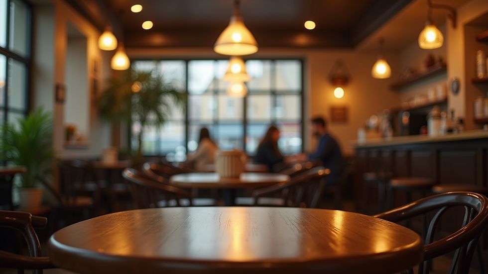 Eye-level view of a cozy café setting with a warm ambiance