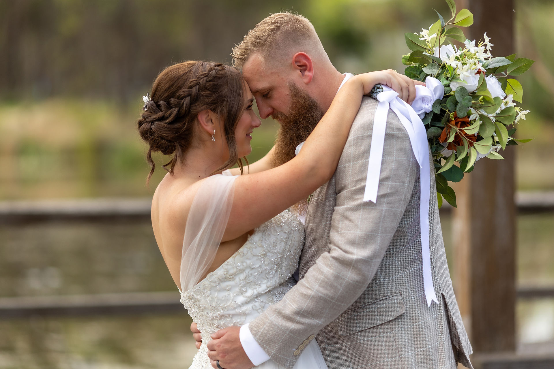 Romantic wedding portrait featuring Eynesbury Estate architecture