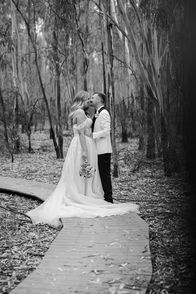 Newlyweds framed by the beautiful landscape of Dungala Events Centre.