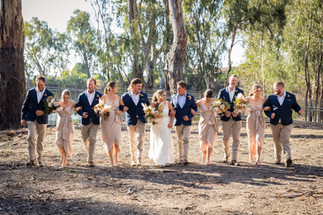 bridal party walking together arm in arm