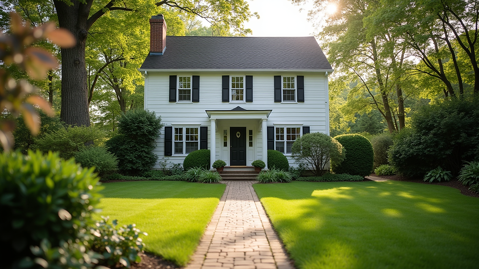 Eye-level view of a charming Long Island home with a well-kept garden