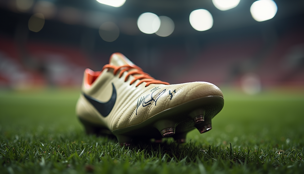 Autographed Nike soccer cleat on grass under stadium lights, with orange laces and blurred crowd in the background.
