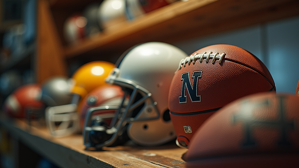 Eye-level view of a collection of sports memorabilia on display