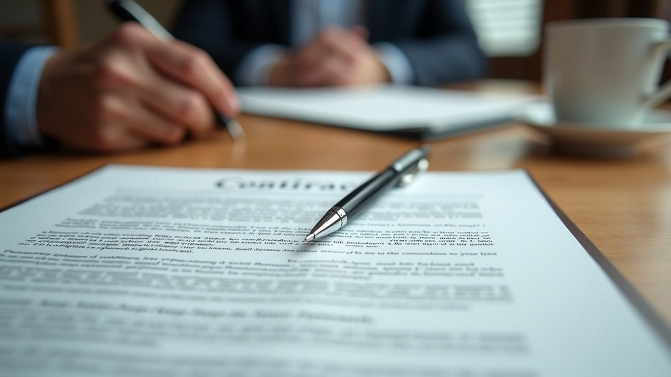Close-up view of a contract and pen on a wooden table