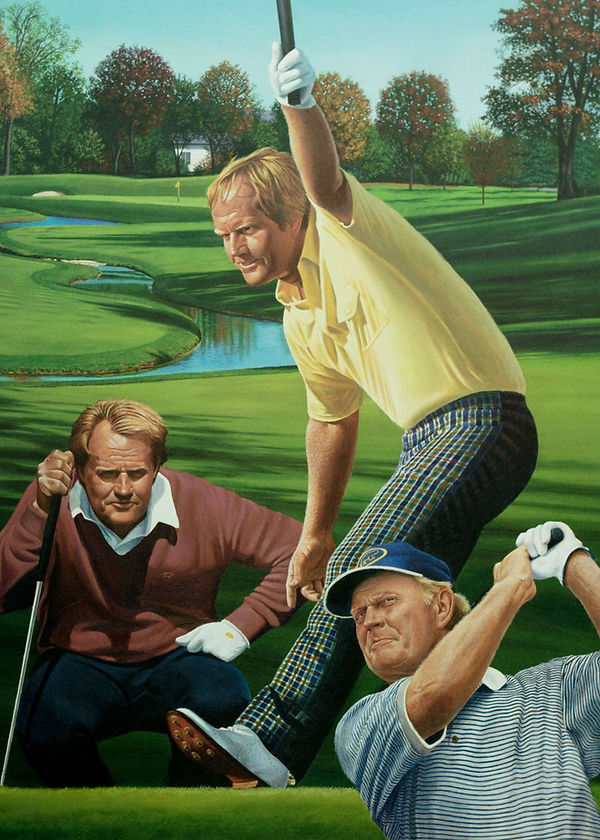 Oil painting collage of golf legend Jack Nicklauw with green golf course in background.