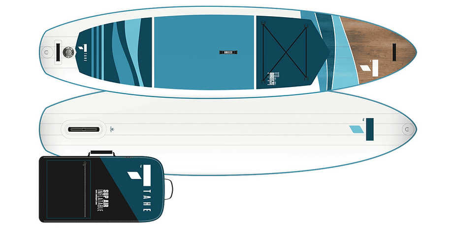 Top and bottom of Tahe 11' Breeze Wing inflatable paddleboard with storage bag.