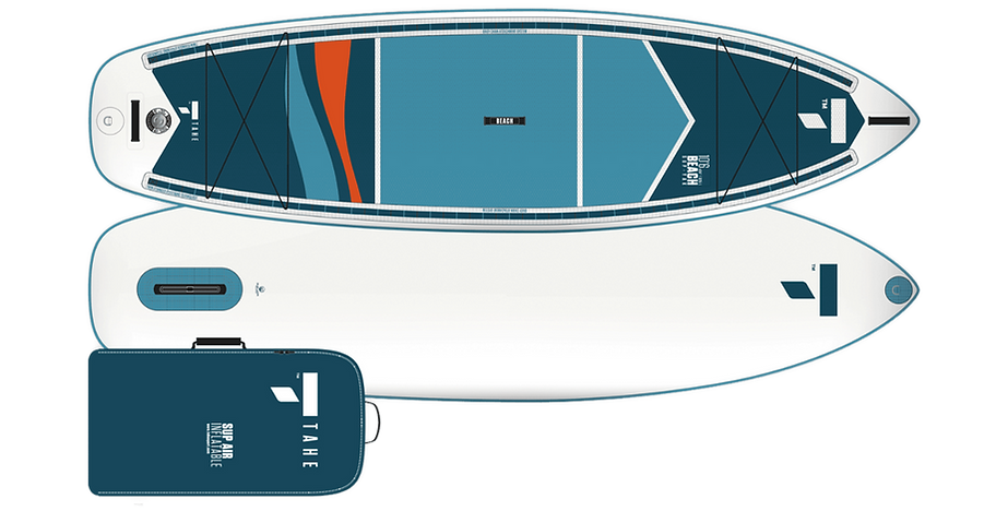 Top and bottom of Tahe 10'6 Beach Sup Yak inflatable paddleboard with storage bag.