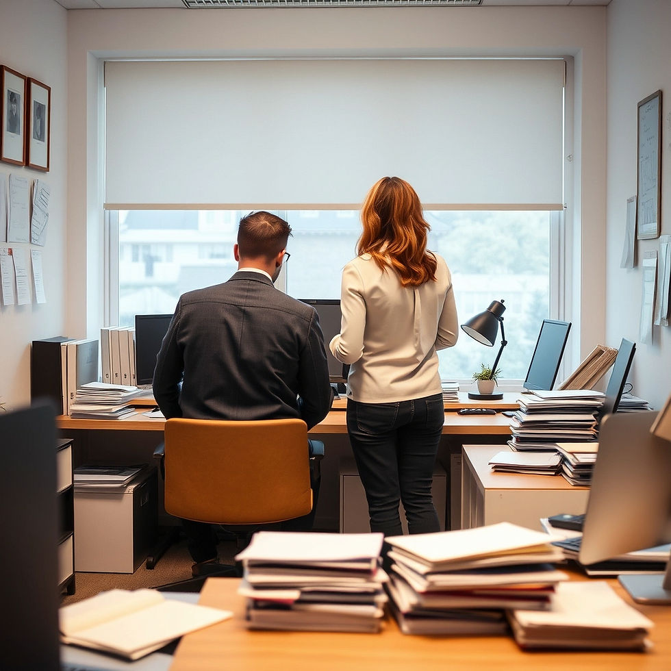a man sitting down and a woman standing with their backs to us in a small relaxed office l