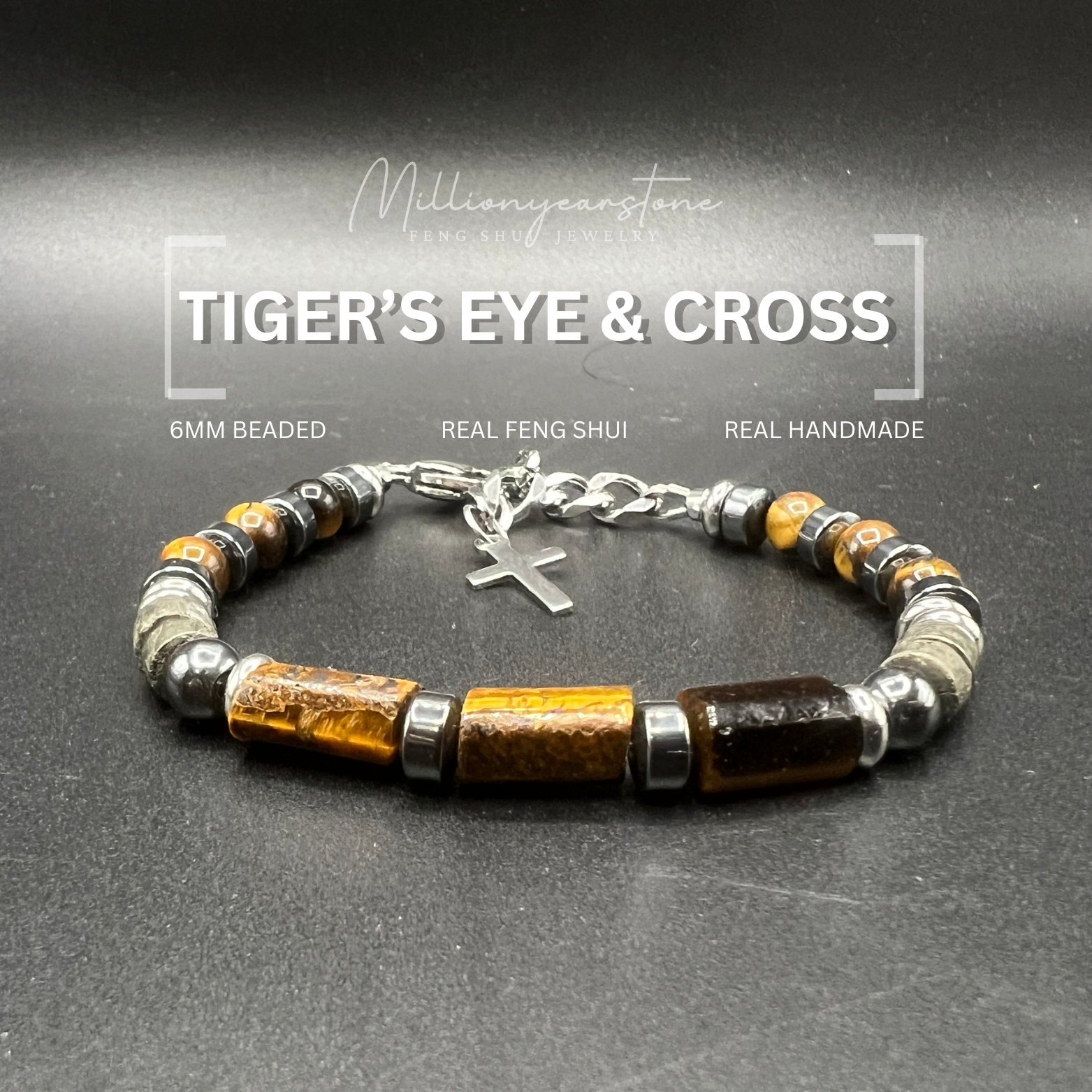 Tiger Eye Cross Bracelet: Hematite, Pyrite & Stainless Steel - Unisex, 6mm beade