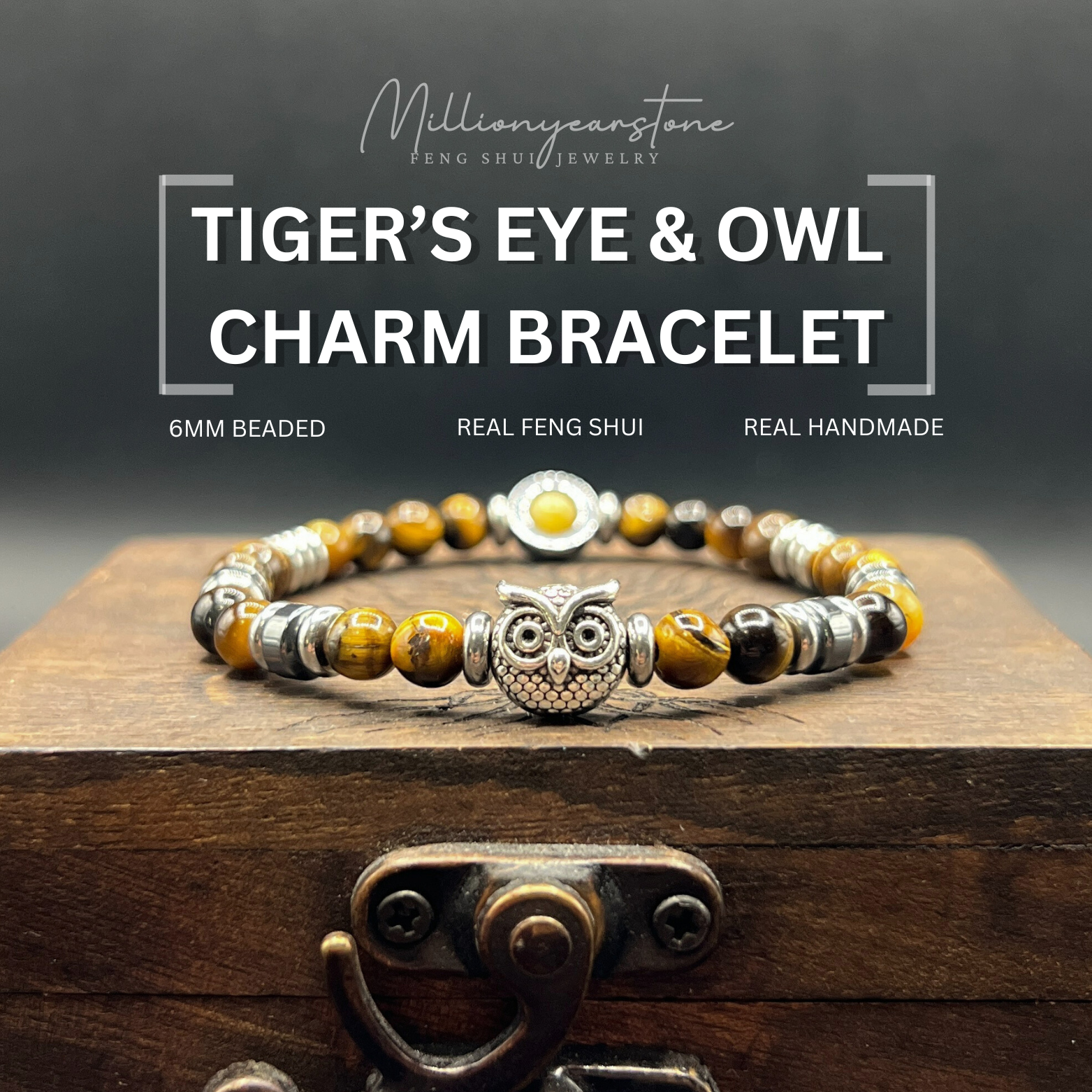 Tiger Eye & Hematite Owl Charm Bracelet: Handmade Unisex Jewelry, 6mm beaded