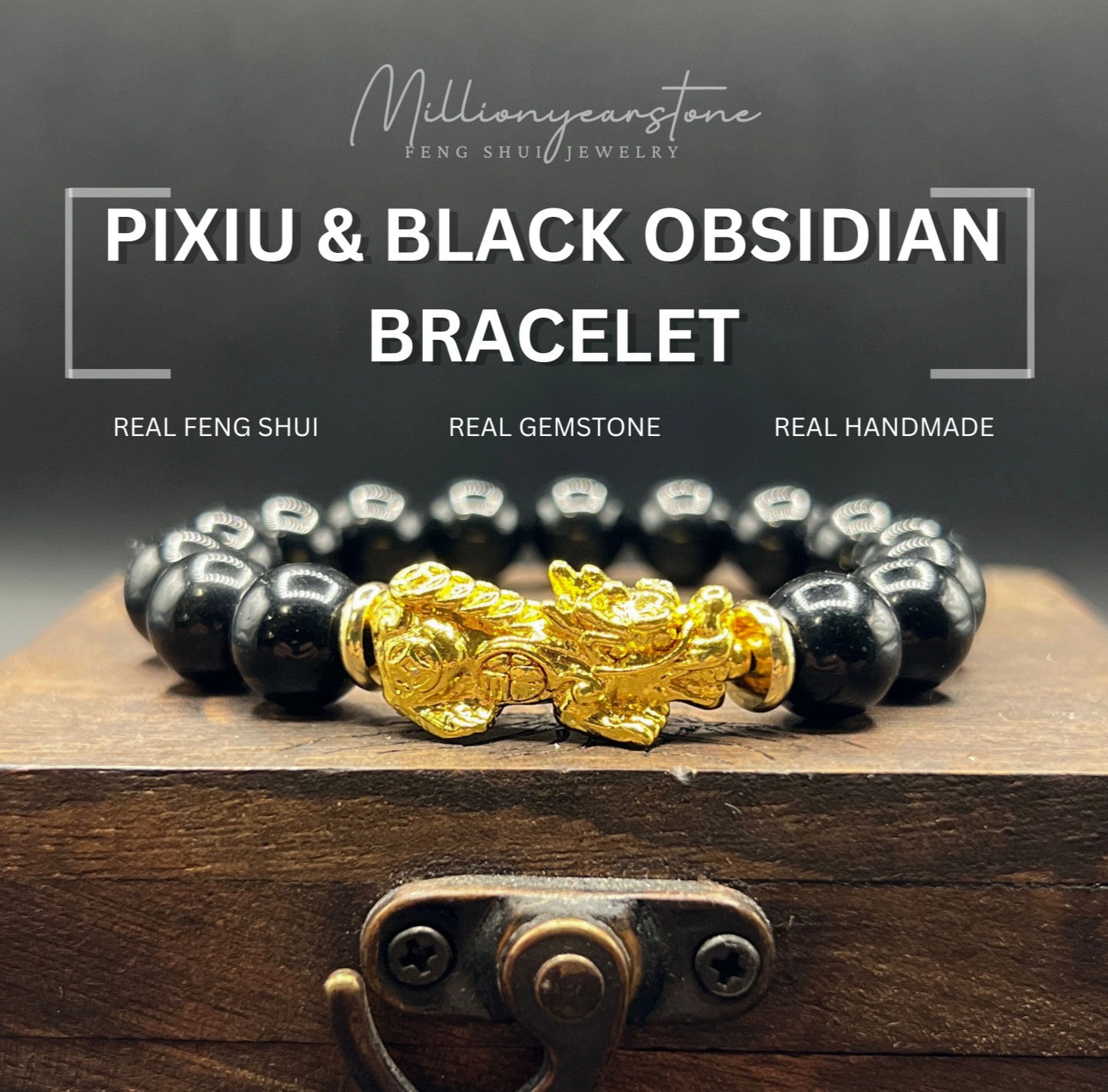 Pixiu bracelet - Black Obsidian 10mm X 24k gold filled Pixiu charm