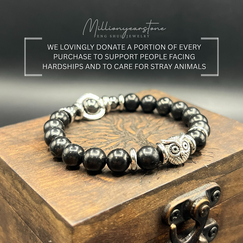 Thumbnail: Handmade Shungite & Hematite Owl Bracelet: Men's Stone Jewelry, 8mm beaded