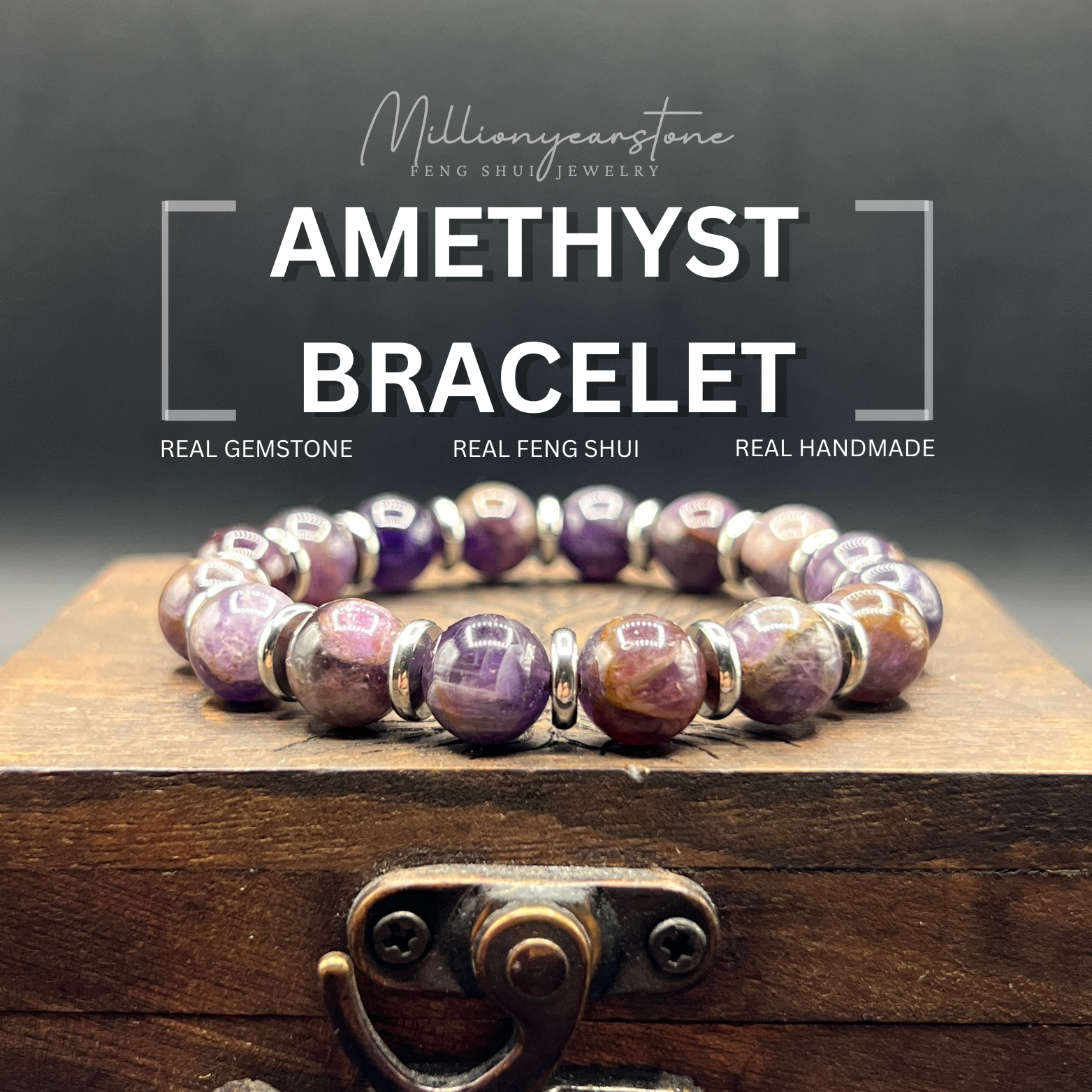 Handmade Amethyst Gemstone Bracelet with Stainless Steel Spacers, 10mm beaded