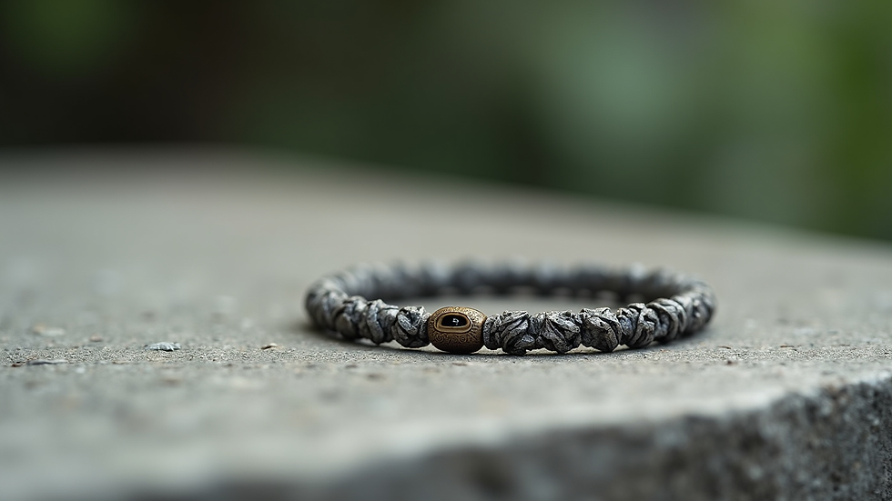 Eye-level view of a Pixiu bracelet resting on a smooth stone surface