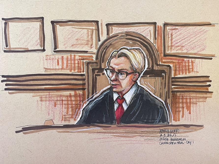 A sketch of an older caucasian man with blonde hair and glasses, wearing black judicial robes over a white shirt and red tie, seated on a judge's chair in a courtroom and speaking.