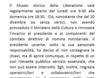 Il Museo Storico della Liberazione resta aperto