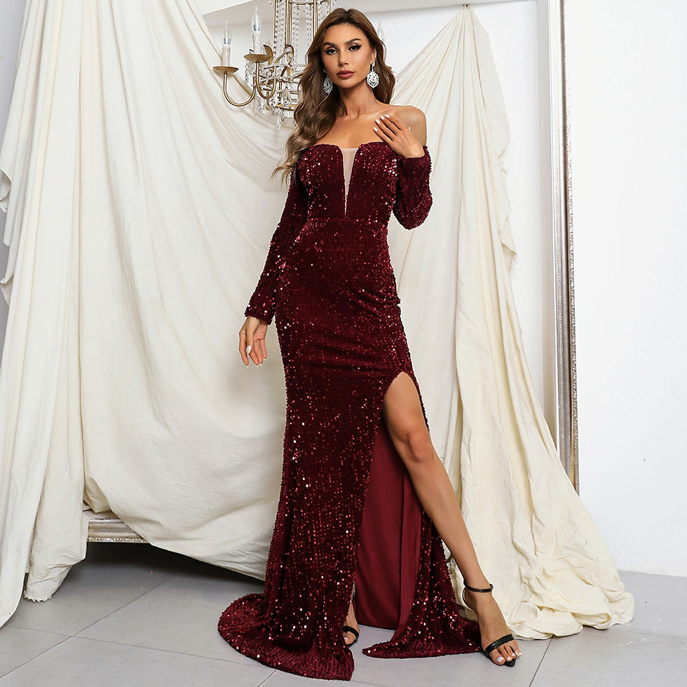 Thumbnail: Woman in long burgundy sequined gown with high slit