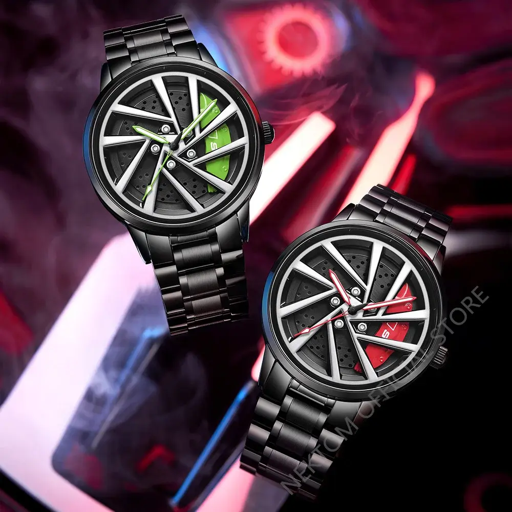 Two black watches with sporty car wheel faces, one green, one red