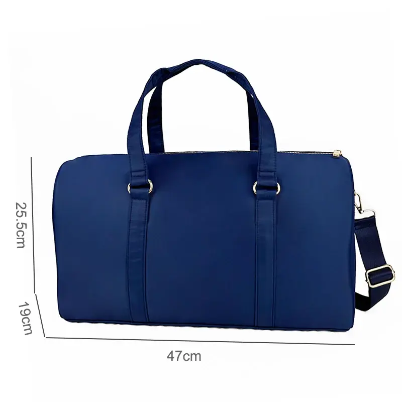 Thumbnail: Blue travel duffel bag with dimensions 25.5x19x47cm