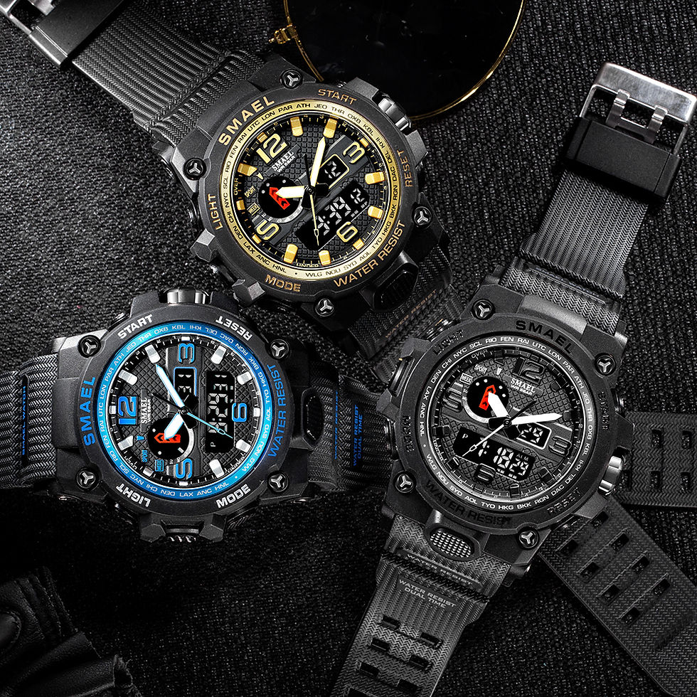 Thumbnail: Three men's sport watches with gold, blue, and black accents