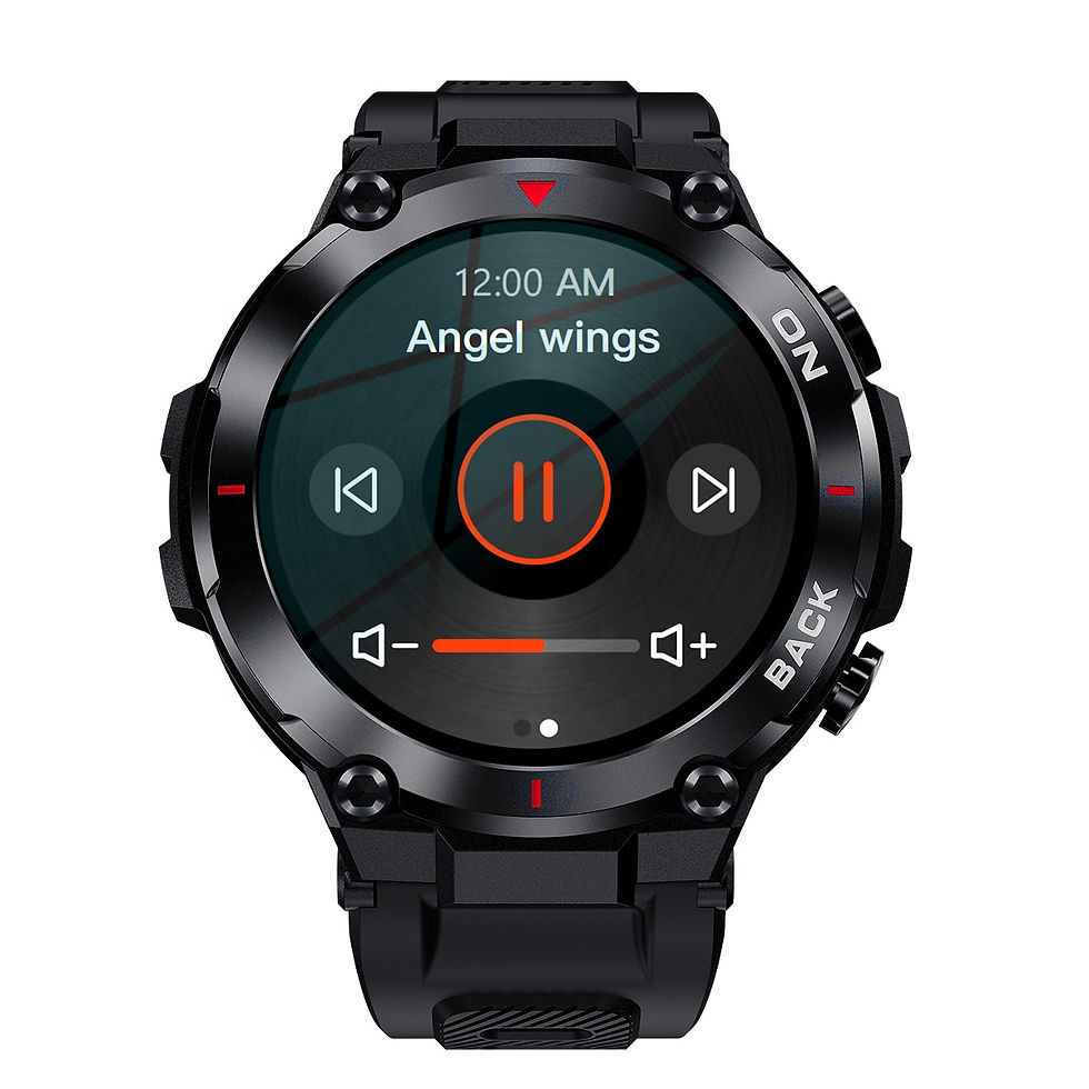 Thumbnail: Black smartwatch displaying music player 'Angel wings'