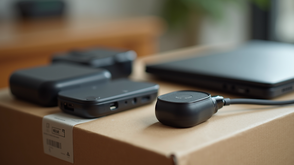 Close-up view of a package with electronic accessories ready for shipping