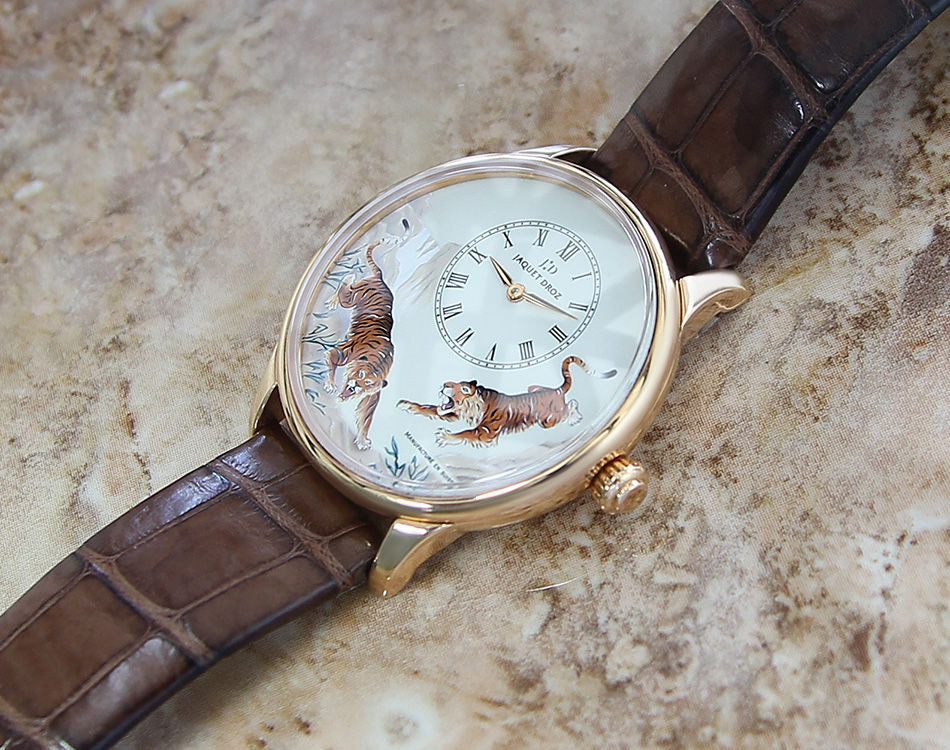 Thumbnail: Unworn Jaquet Droz Petite Minute Tiger 18k Rose Gold Museum Mint Quality Watch