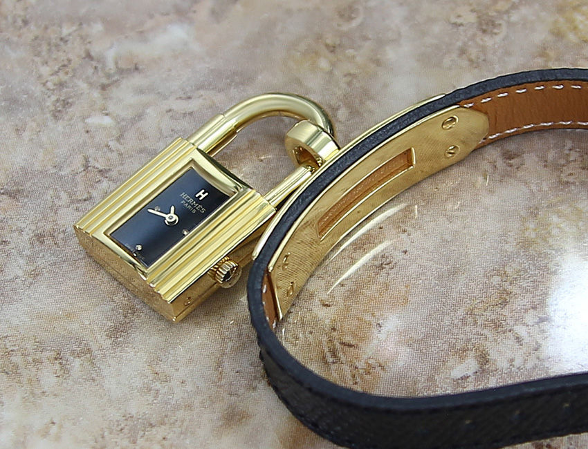 Thumbnail: Hermes Kelly Lock Ladies Watch With Black Band