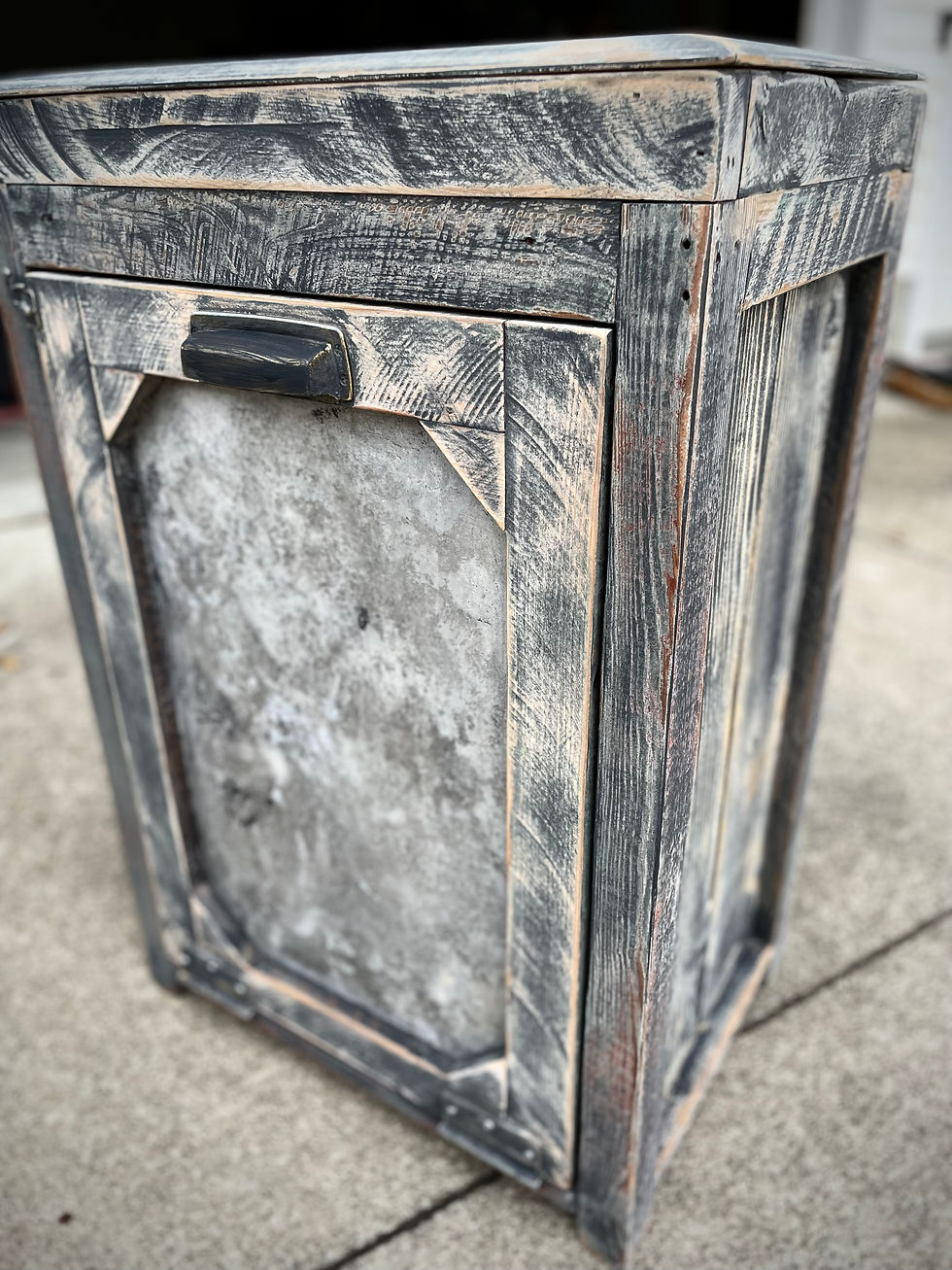 Thumbnail: custom tilt down trash can cabinet with mini lift top storage