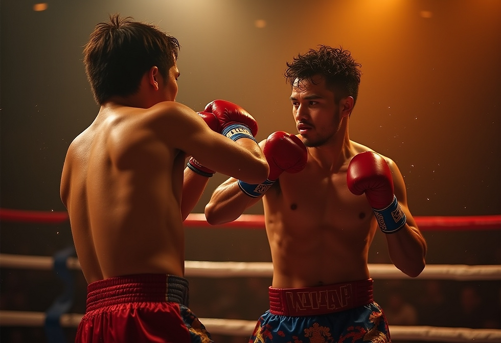 dos peleadores de muay thai combatiendo en un ring