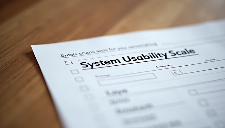 Eye-level view of a printed SUS questionnaire on a wooden table