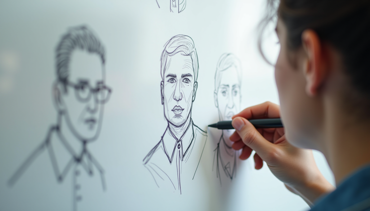 Close-up view of a UX designer sketching user personas on a whiteboard