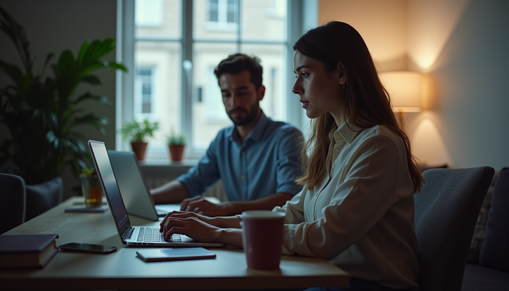 Eye-level view of a usability tester observing a participant interacting with a website on a laptop
