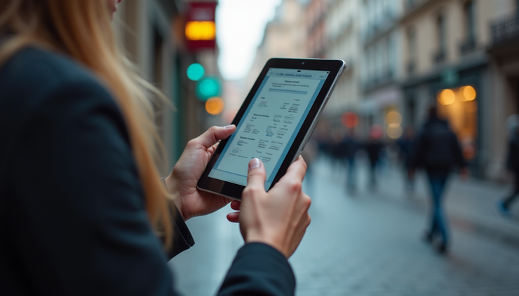 Eye-level view of a user interacting with a touchscreen device showing a satisfaction survey