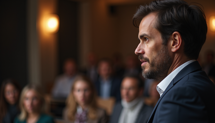 Eye-level view of a person confidently speaking in front of a small group