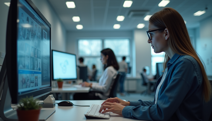Eye-level view of a researcher observing a participant interacting with a prototype in a bright room