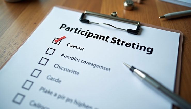 High angle view of a checklist and notes for participant screening process