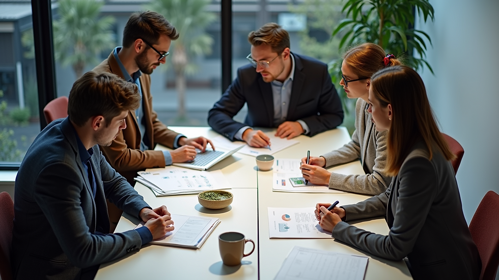 High angle view of a UX research team collaborating around a table