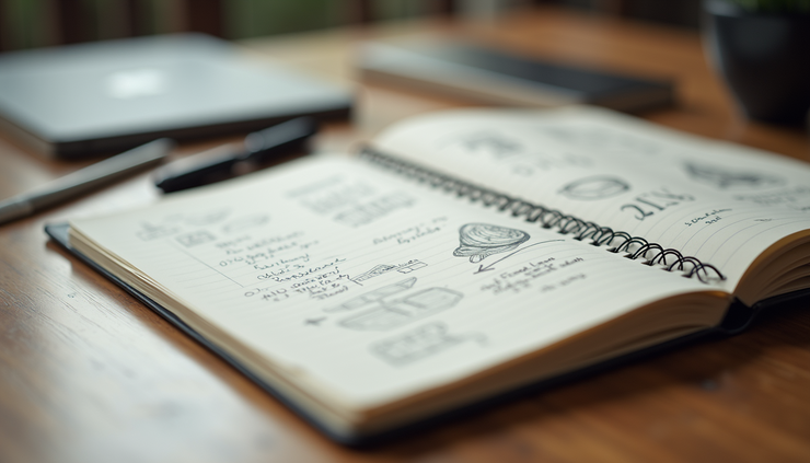 Eye-level view of a notebook with handwritten research notes and sketches on a wooden table