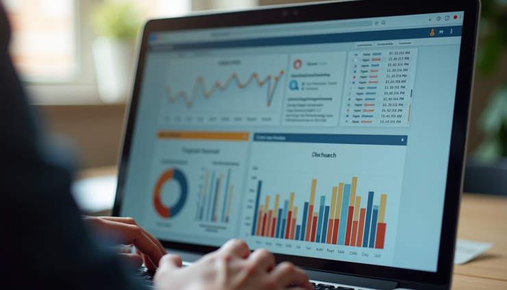 Close-up view of a UX researcher analyzing KPI data on a laptop screen