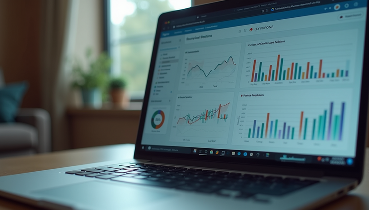 Close-up of a laptop screen showing UX analytics dashboard with NPS trends