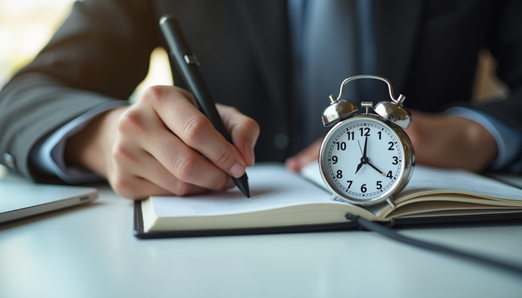 Eye-level view of a person working at a desk with a timer and notebook