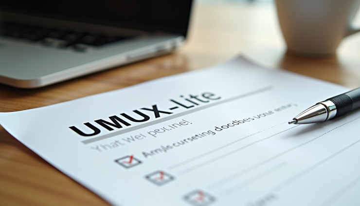 Eye-level view of a printed UMUX-Lite questionnaire on a wooden table