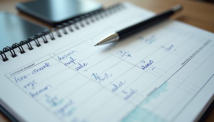 High angle view of a calendar planner with marked research dates and a pen