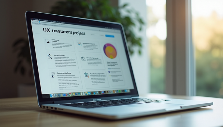 Eye-level view of a laptop screen showing a UX research project outline
